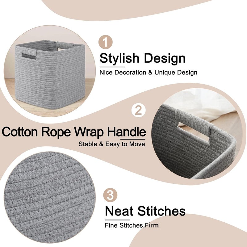 OIAHOMY Storage Cubes 11 Inch Bins-3-Pack, Cotton Rope Woven Baskets for Organizing, Square Storage Baskets for Shelves, Classroom, Kids Toy Bins, Closet, Baby Nursery-Grey - Image 4